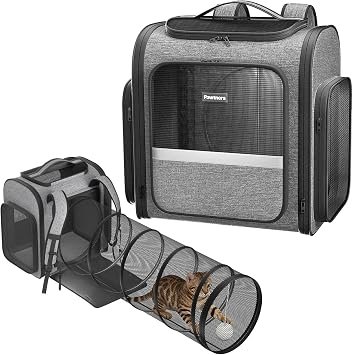 Pawtners Cat Carrier Backpacks with Expandable Cat Play Tunnel, Airline Approved Pet Backpack for Small Dogs & Large Cats Up to 25 Lbs, Foldable Cat Travel Carrier for Vet Hiking Camping-Grey