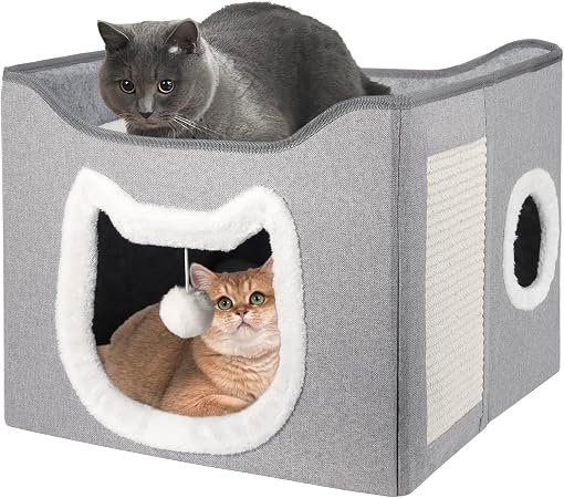 Cat House, Cat Beds for Indoor Cats, Foldable Cat Cave with Fluffy Ball and Scratching Pad, Cat House Indoor for Multi Small Pets, Grey