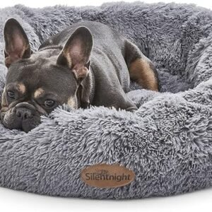 Silentnight Calming Donut Pet Bed - Super Fluffy Comfort Reduce Anxiety - Nest Calm Design - Cushioned Sides for Head Support - Dog Cat Sleep Bed - Machine Washable & Non-Slip Base - Grey, Large