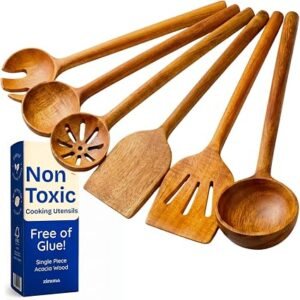 Non-Toxic Cooking Utensils ? 6-Piece Kitchen Utensils Set, Glue-Free & One-Piece Wooden Spoons for Cooking, Natural Wooden Utensil Set with Plant-Based Finish, Free of Forever Chemicals