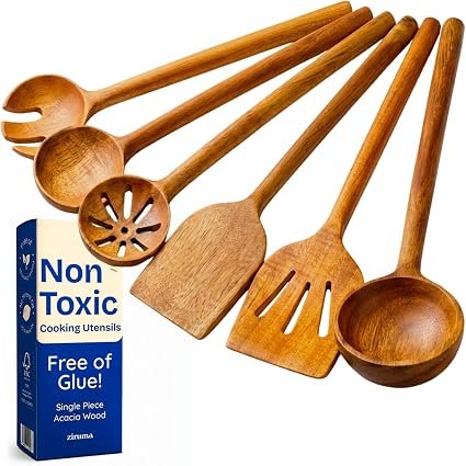 Non-Toxic Cooking Utensils ? 6-Piece Kitchen Utensils Set, Glue-Free & One-Piece Wooden Spoons for Cooking, Natural Wooden Utensil Set with Plant-Based Finish, Free of Forever Chemicals