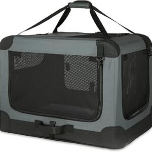 Amazon Basics 4-Doors Portable Soft-Sided Folding Travel Crate Kennel for cat, dog, and other small animals, Grey, S 66 cm x 46 cm x 46 cm