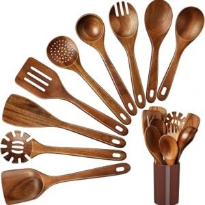 Onader Wooden Spoons for Cooking, 10Pcs Kitchen Utensils Set with Holder