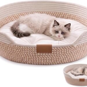 Cat Bed with Cushion, 50cm Cotton Rope Woven Pet Bed (Off white)