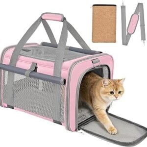 Soft Sided Cat Carrier Bag Airline Approved Large Pet Carrier Portable Dog Carrier Ventilated Foldable Pet Travel Carriers Bag For Cats/Small Dog With Shoulder Strap & Washable Mat (Pink)