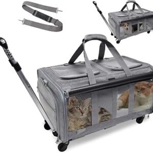 Pet Roll Bag with Two Compartments and Wheels for 2 Pets Holds up to 35 lbs, Rolling Bag for 2 Cats, Super Ventilated Design, Ideal for Travel/Hiking/Camping