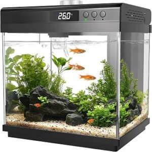 AQQA 14L Aquarium Starter Kits,Small Glass Fish Tank with Filter and LED Light,10 Colors Adjustable Nano Aquarium Tank,Self Cleaning Tropical Fish Tank Kit,for Betta Shrimp Goldfish