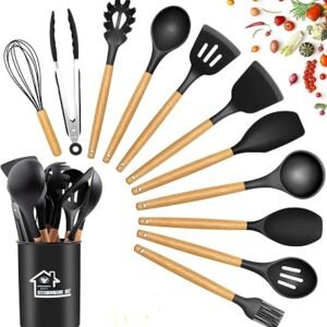 Kitchen Utensils Set, 12 PCS Silicone Cooking Utensils Set Gadgets for Cooking, Non Stick Wooden Handle Silicone Kitchen Cooking Utensils Sets Cookware