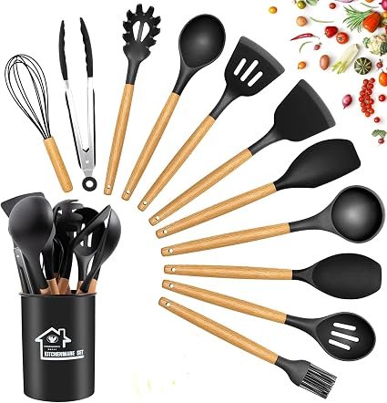 Kitchen Utensils Set, 12 PCS Silicone Cooking Utensils Set Gadgets for Cooking, Non Stick Wooden Handle Silicone Kitchen Cooking Utensils Sets Cookware