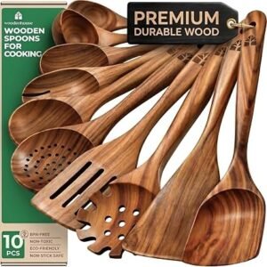 Wooden Kitchen Utensils Set, 10 Pcs Teak Wooden Spoons & Cooking Spatula