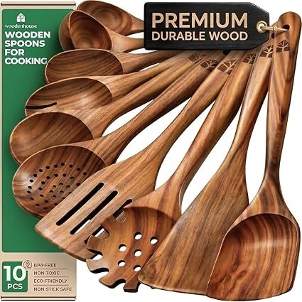 Wooden Kitchen Utensils Set, 10 Pcs Teak Wooden Spoons & Cooking Spatula