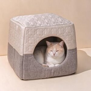 Cat Cave Bed for Indoor Cats, 3 in 1 Enclosed Bed House/Warm Igloo/Sofa, Foldable Microfiber Tent with Removable Washable Cushion Pillow, 4 Seasons Beds for Kitten Cats Puppy Small Pet, 37x33x30cm