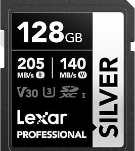 Lexar 128GB SD Card SILVER, Up to 205MB/s Read, 140MB/s Write, SDXC UHS-I Memory Card, Class 10, U3, V30, SD Card for Professional Photographers, Videographers, Enthusiasts