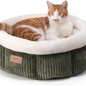 FUKUMARU Cat Bed, Corduroy Round Cat Beds for Indoor Cats, Washable Fluffy Pet Bed for Cats and Puppy, Soft Cute Small Dog Beds, Green