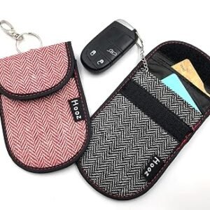 Faraday Pouch for Car Keys - Set of 2 RFID Blocking Key Holder Storage for Credit Cards, Keyless Fobs - Anti-Theft Protector Against Signal Skimming - Keyring & Hook For Hanging - Black & Red