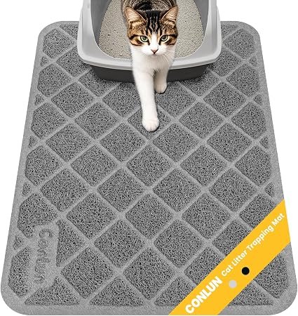 Conlun Cat Litter Mat Litter Trapping Mat, Cat Litter Tray Mat, Premium PVC Grid Mesh Scatter Control Design Litter Box Mat, Waterproof Urine Resistant Material, Easy to Clean, 61 x 43cm Grey