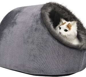 Cat Small Dog Cosy Igloo Bed Nest Warm Soft Calming Nest Fluffy Kitten Puppy Cuddly House Hideout Cave with Cushion, Grey