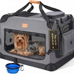 Morpilot Large Dog & Cat Carrier | Soft-Sided Pet Travel Crate, Foldable Dog Car Crate, with Collapsible Bowl & Storage Pockets, M, Grey, (Max 12kg)