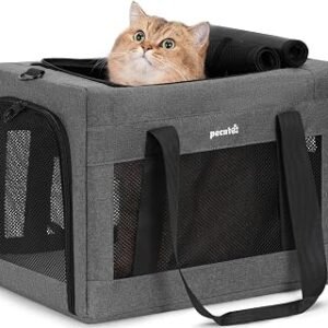 pecute Cat Carrier Stable, Pet Carrier Stable Steel Frame,Grey | Safe Cat Carrier for Car Travel, Soft-Sided Dog/Cat Carrier Bag with Hidden Anxiety Relief...
