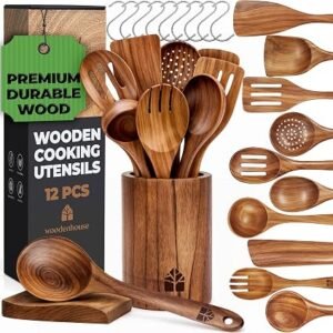 Wooden Spoons Cooking Utensils - Teak Wooden Utensil Set of 12 Pcs with Holder, Spoon Rest & Hanging Hooks, Non-Stick and Heat Resistant Kitchen Accessories by Woodenhouse