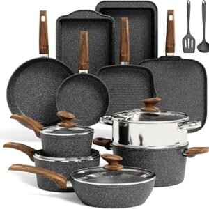 Kitchen Academy 17pcs Induction Hob Pan Set, Black Granite Cookware Sets
