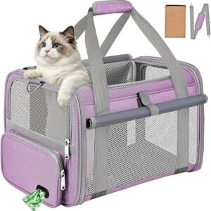 Soft Sided Cat Carrier Bag Airline Approved Large Pet Carrier Portable Dog Carrier Ventilated Foldable Pet Travel Carriers Bag For Cats/Small Dog With Shoulder Strap & Washable Mat (Purple)