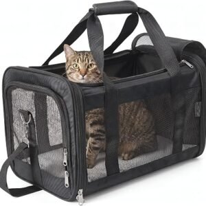 REQUISITE NEEDS Pet Carrier, Soft-Sided Foldable Travel Bag, Airline Approved, Large Size for Cats and Dogs up to 17 lbs, Black, with Shoulder Strap and Removable Mat